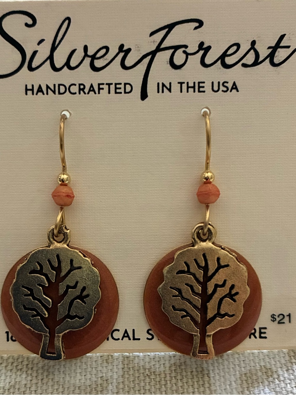 New Silver Forest Earrings Tree of Life Coral Disc Gold Tone 18K Surgical Steel